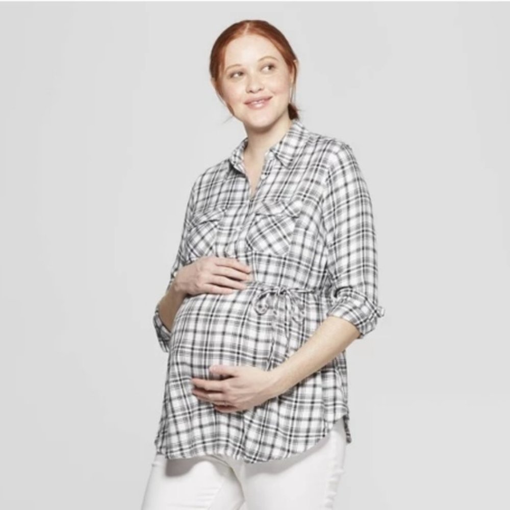 Ingrid & Isabel Black White Plaid Long Sleeve Maternity Tunic, Small - Picture 1 of 4